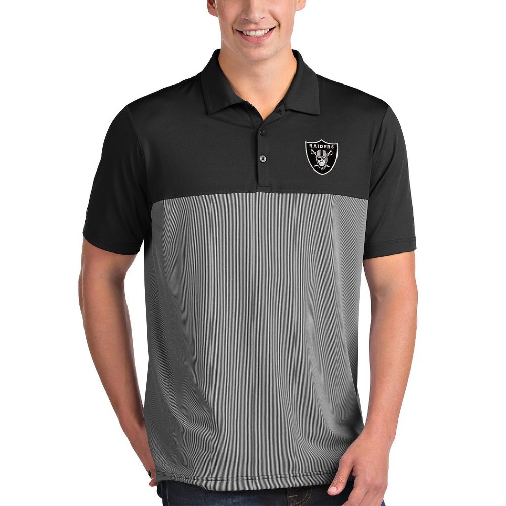ANTIGUA Raiders Embroidered Logo White Stripe Short Sleeve Black Polo Shirt NWT